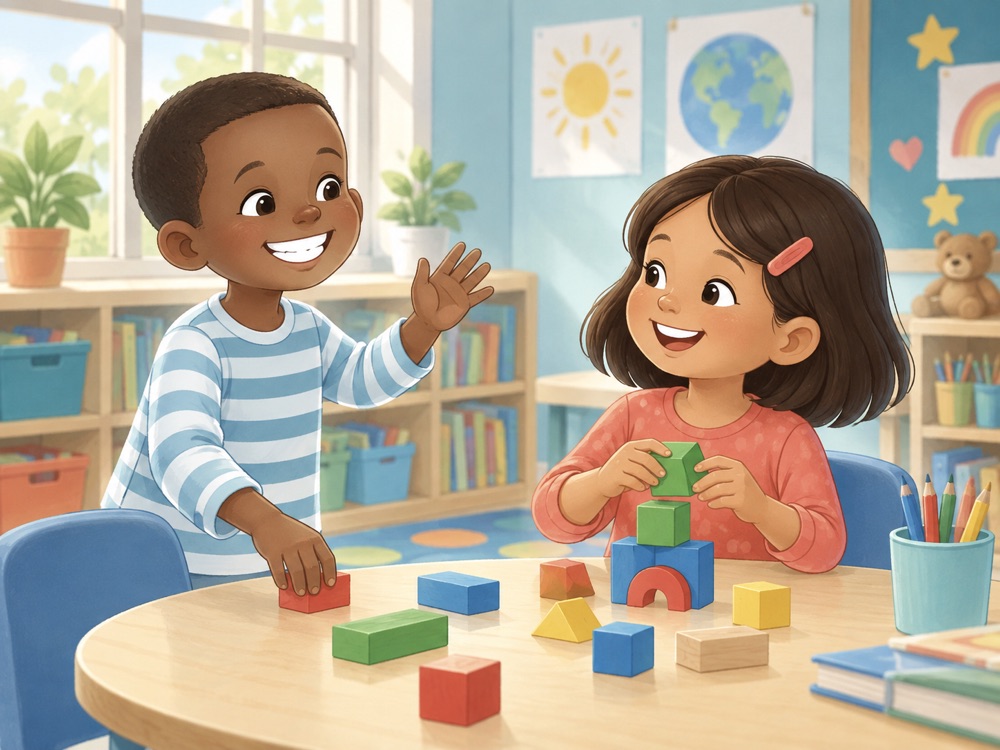 Illustration of two children greeting each other beside a table of building blocks