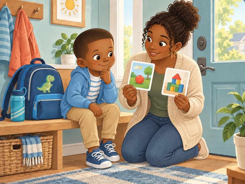 A parent and child at home talking through a change of plans using picture cards