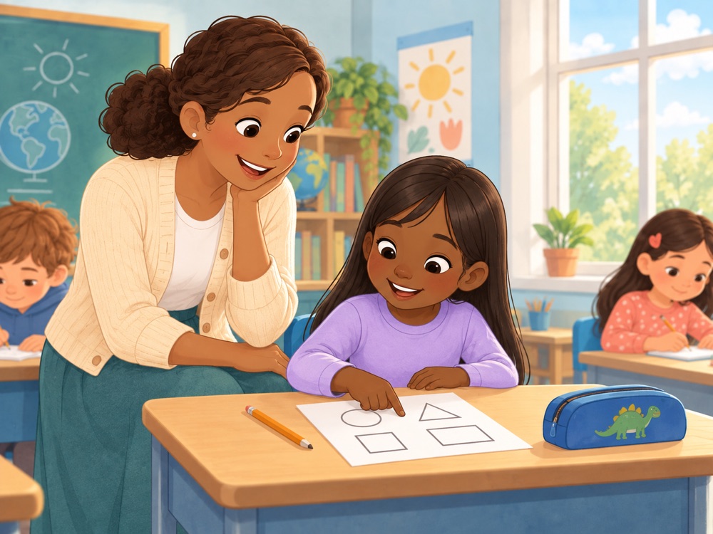 Maya pointing to a worksheet while her teacher listens and helps
